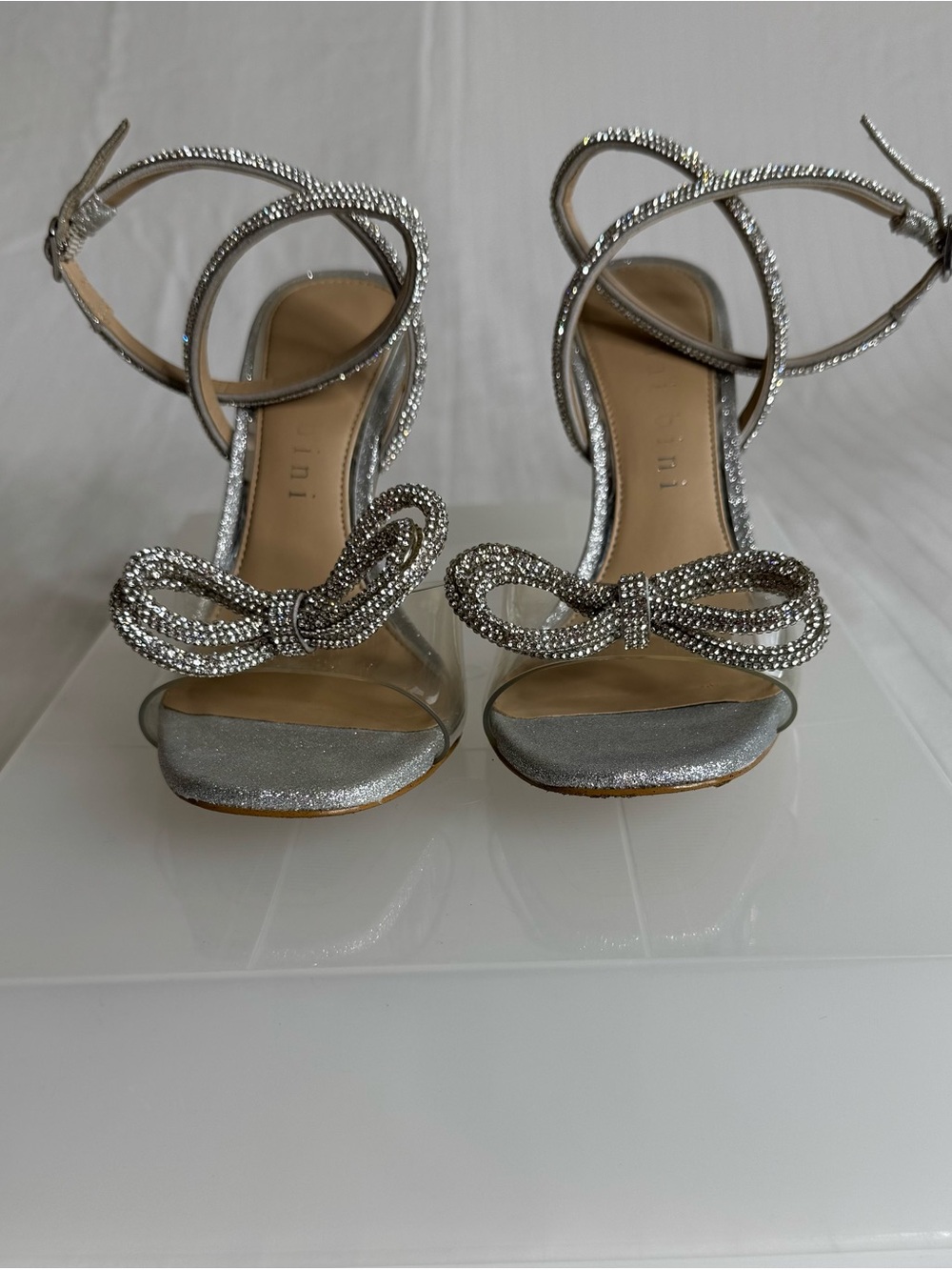 Gianni Bini Silver Crystal Bow Ankle-Strap Heels